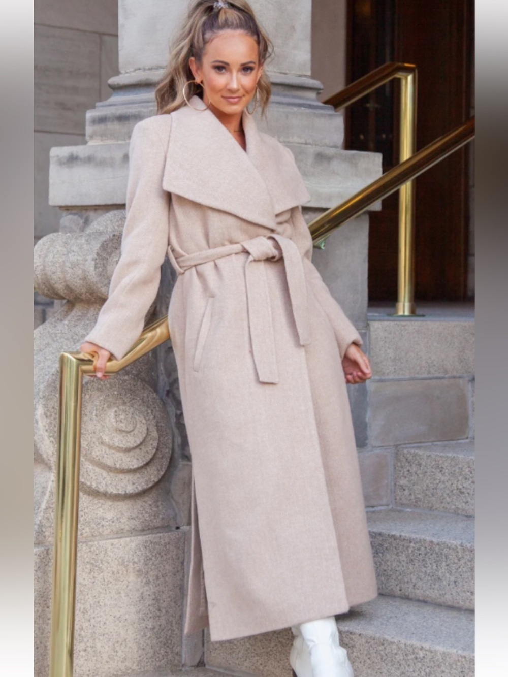 Rachel Parcell Herringbone Long Wool Blend Wrap Coat in Tan Sz S